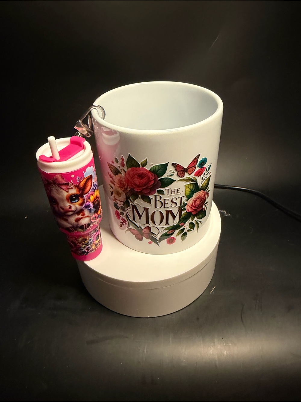 Floral "The Best Mom" Ceramic Mug with Pink Keychain Tumbler Charm